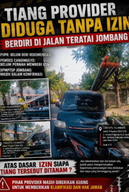 Tiang Provider Diduga Berdiri Tanpa Izin di Jalan Teratai Jombang, Siapa yang Bertanggung Jawab?