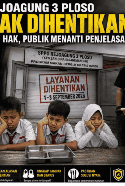 MBG SPPG Rejoagung 3 Ploso (Yayasan Bina Insani Mandiri) Mendadak Dihentikan, Siswa Kehilangan Hak, Publik Menanti Penjelasan